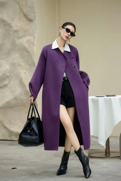 时尚女毛呢外套呢大衣气质韩版紫色秋冬双面呢子外套576