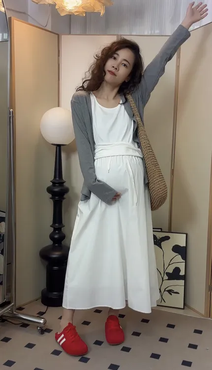 孕妇穿三件套夏季梨形身材叠穿背心+外套+半身裙套装