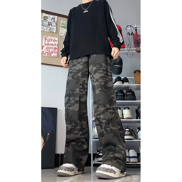 户外伐木迷彩牛仔裤男早秋2025新款宽松直筒阔腿微喇裤子潮牌