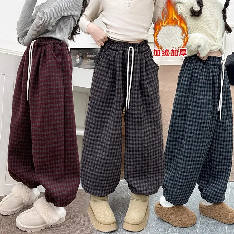 女童加绒裤子儿童冬款格子羊羔绒冬装一条过冬卫裤宽松哈伦裤运动