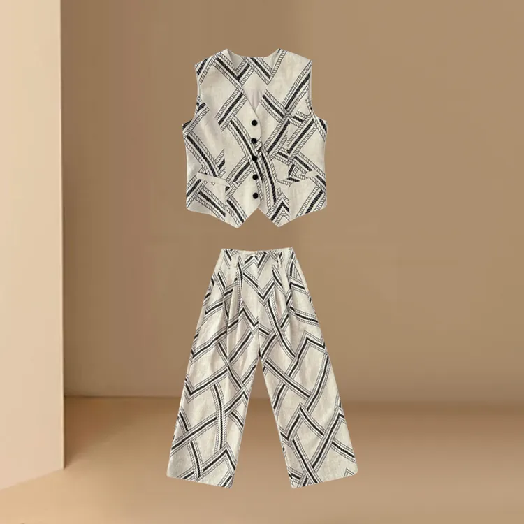 2025年夏季新款时尚无袖圆领马甲高腰直筒长裤设计感套装气质百搭