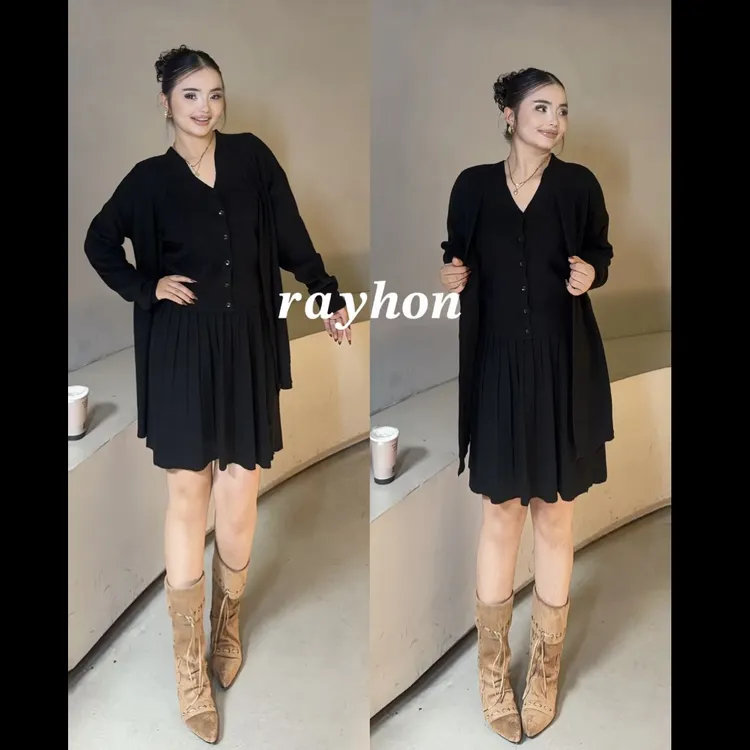 Rayhon三件套秋季大码韩系软糯百搭设计感针织开衫背心连衣裙