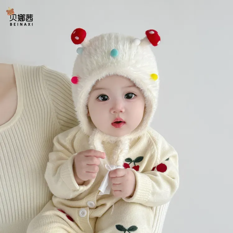 Beinaqian/贝娜茜婴儿帽子秋冬季宝宝女保暖针织帽冬季加厚护耳帽
