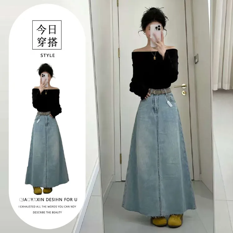 2025超火套装韩系简约百搭黑色一字肩上衣高腰a字牛仔裙两件套女