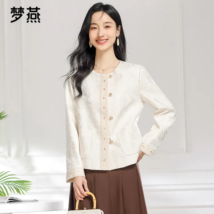 梦燕春季女圆领时尚百搭气质休闲宽松提花纯色上衣外套AA08B5003