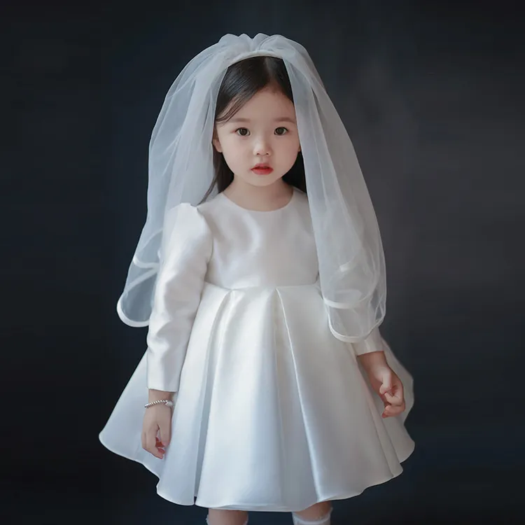 女童生日礼服2025白色长袖小女孩周岁公主裙主持人走秀演出服甜美