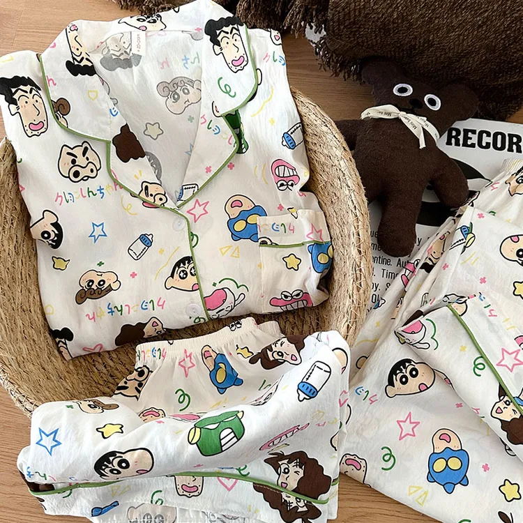 夏季甜美卡通小新睡衣女款短袖云朵棉纱可外穿学生家居服套装