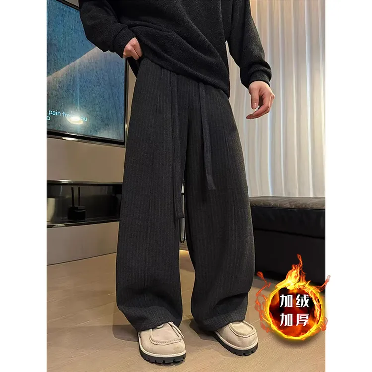 美式冬季竖条纹弯刀裤男款飘带设计感阔腿裤子垂感宽松百搭休闲裤