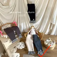 25秋冬新款  巴朵猫一体绒打底裤5586韩灰色格子花边裤