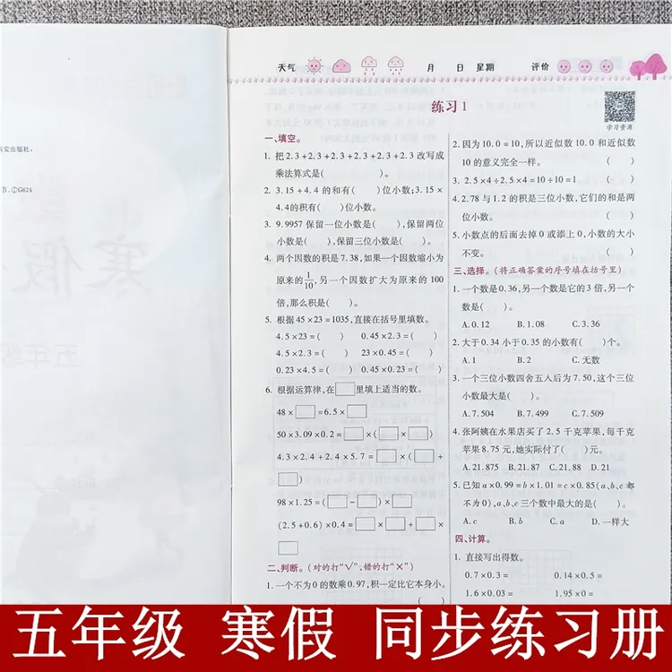 人教版五年级数学寒假作业衔接训练复习寒假一本通强化练习册全套