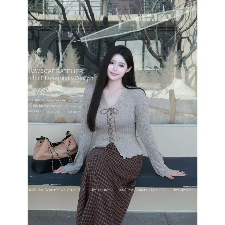 【旧日轨迹】温与柔韩系慵懒小香风秋冬氛围感绑带上衣半裙套装