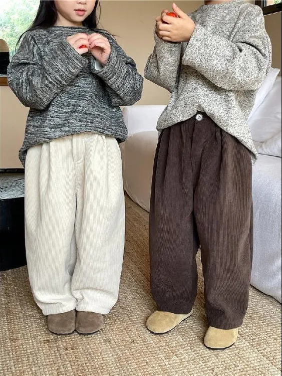儿童灯芯绒裤子冬天男女童加绒冬季休闲长裤宝宝一体绒直筒裤纯色
