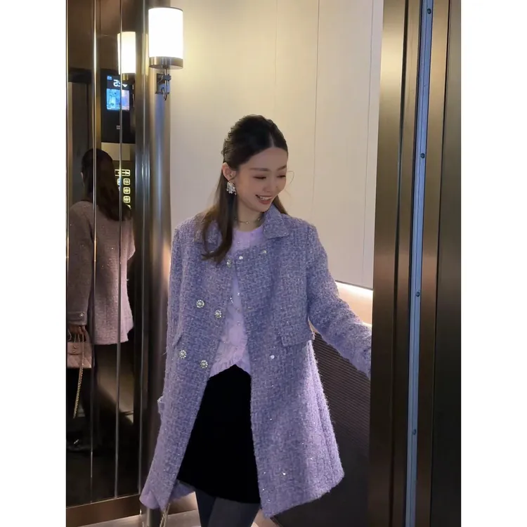 W·HAHA【紫气东来】 贵气感显瘦双排扣绵羊毛毛呢外套52971