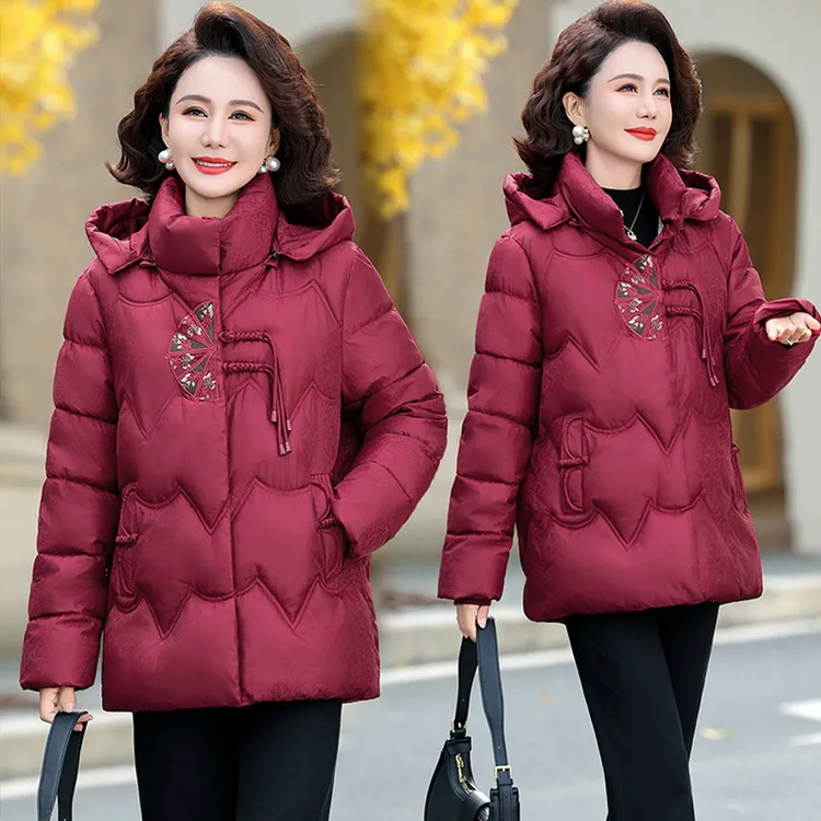 新中式妈妈冬装加厚时尚连帽棉服外套中老年女装洋气大码保暖棉衣