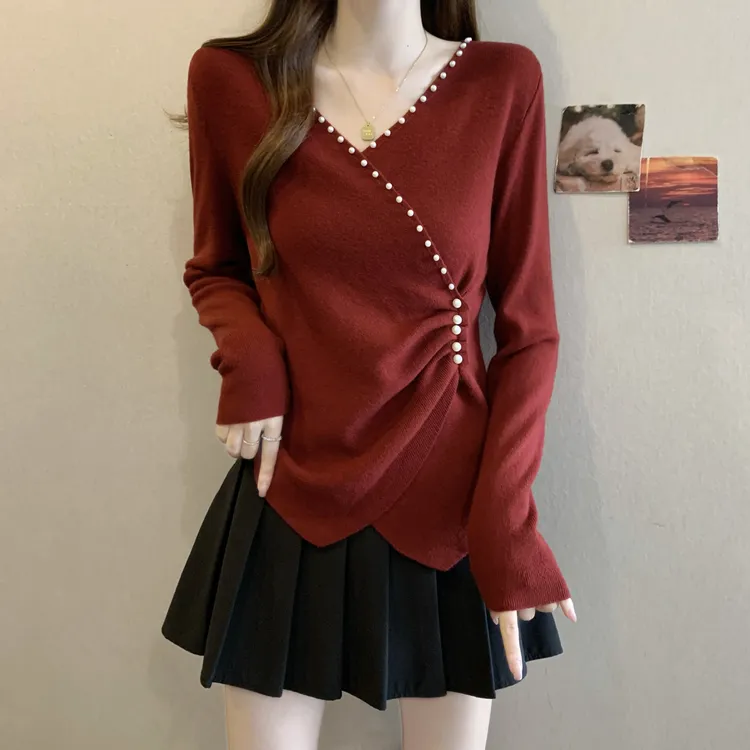 新年红色V领针织衫新款秋冬季大码女装内搭不规则打底衫上衣