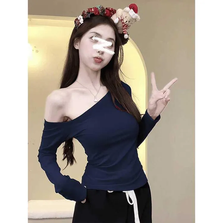 辣妹长袖不对称修身显瘦胖MM大码T恤女ins春秋斜肩别致露肩上衣潮