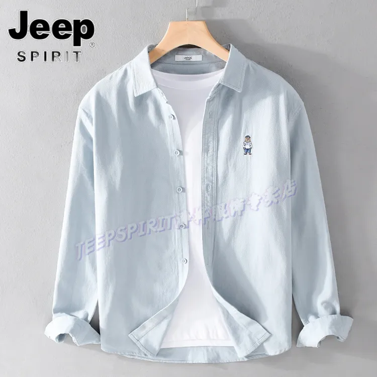Jeep吉普高端潮牌男士纯棉长袖衬衫日系刺绣上衣春秋休闲衬衣外套
