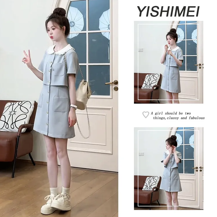 【现货】2025年夏季穿搭韩系小香风娃娃领假两件连衣裙短裙子