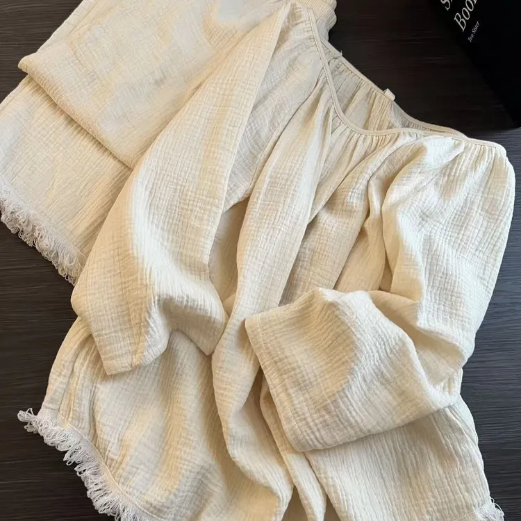 简约少女风纯色流苏设计宽松显瘦春秋季女士睡衣