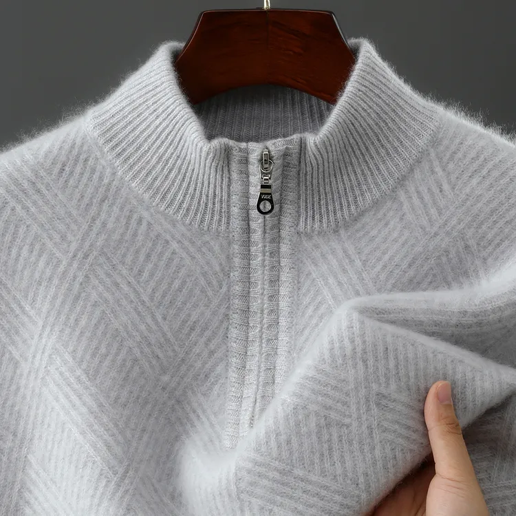高端半高拉链羊绒衫男100纯羊毛厚套头秋冬打底时尚中年软糯毛衣