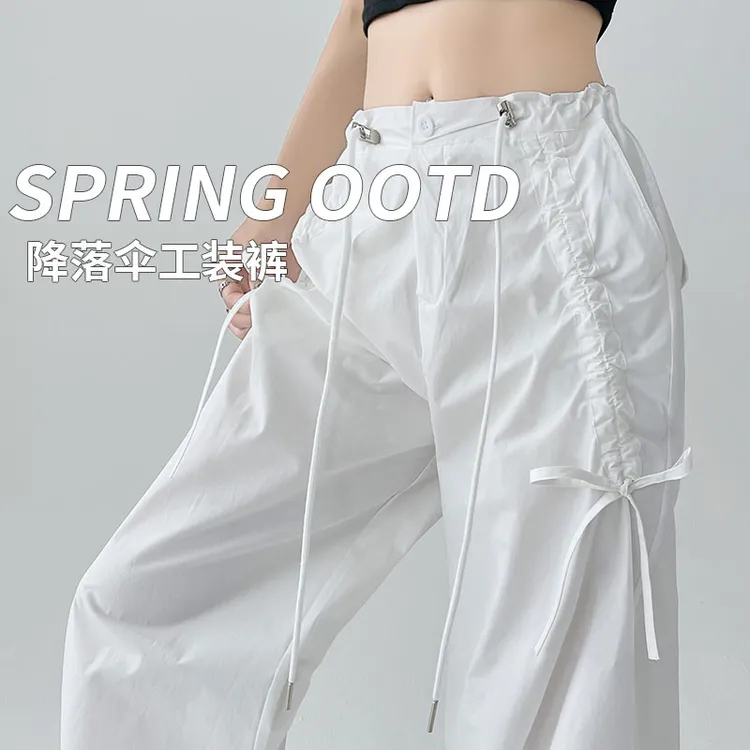 两穿美式运动裤女2025新款春季夏款高腰休闲抽绳蝴蝶结直筒工装裤