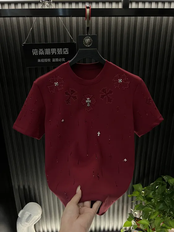 新年短袖320g满天星男款2026烫钻男上衣爆款轻奢高定重工圆领半袖