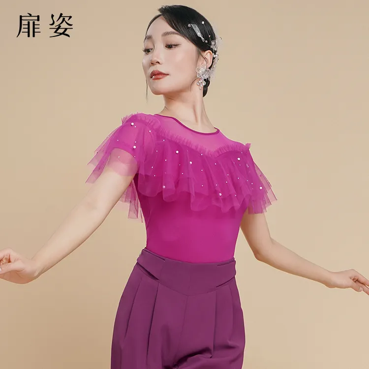 扉姿 摩登舞上衣女夏季新款交谊舞练功服飘逸网纱跳舞分体衣M1070