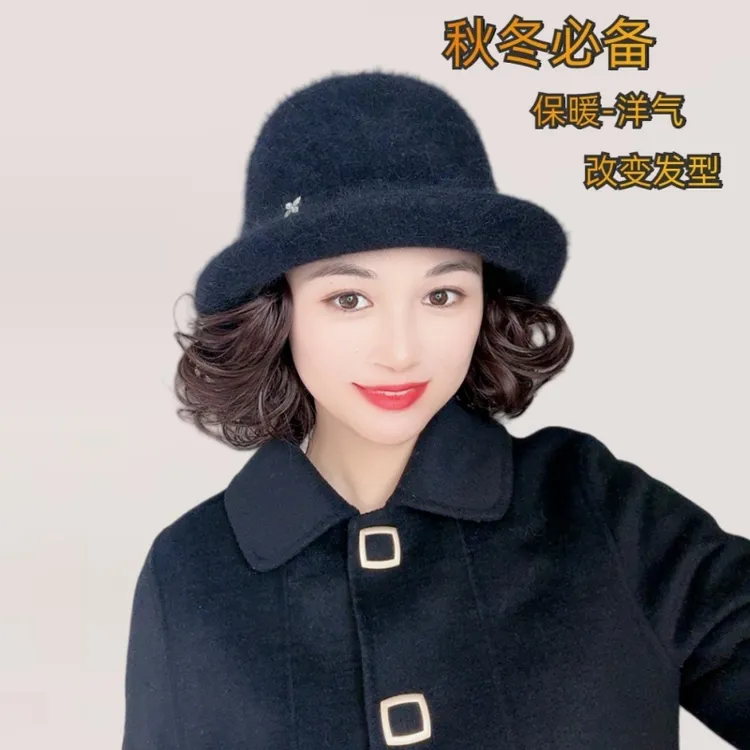 新款秋冬钻石四叶草黑色礼帽慵懒卷假发帽 套装