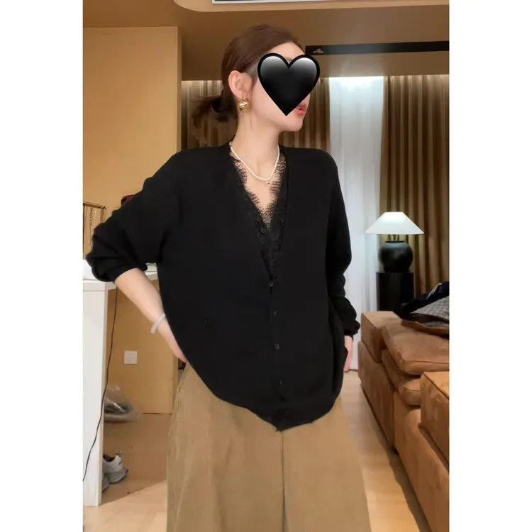 玖了个玖 2025早秋新款V领假两件蕾丝拼接针织开衫上衣2509C5798