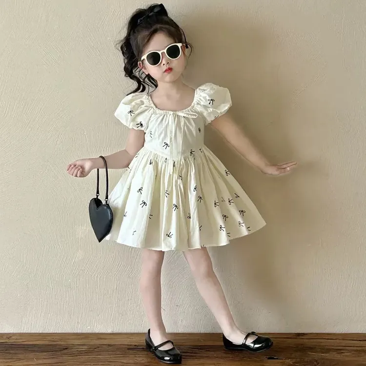 女童泡泡袖棉布连衣裙女童法式蓬蓬公主裙女宝宝生日礼服裙