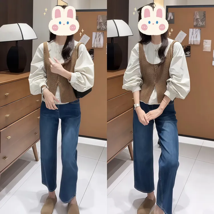 韩版灯笼袖衬衫针织马甲两件套+早秋窄版九分直筒牛仔裤BB50257