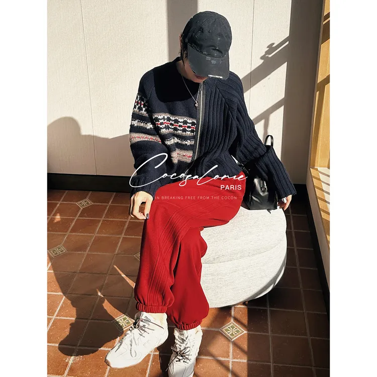 韩彬彬"费尔岛限定"100%绵羊毛复古提花撞色慵懒风针织外套3415-8