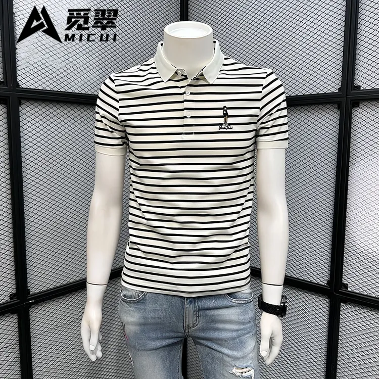 条纹POLO衫男士夏季潮牌新款短袖t恤修身翻领休闲男装上衣