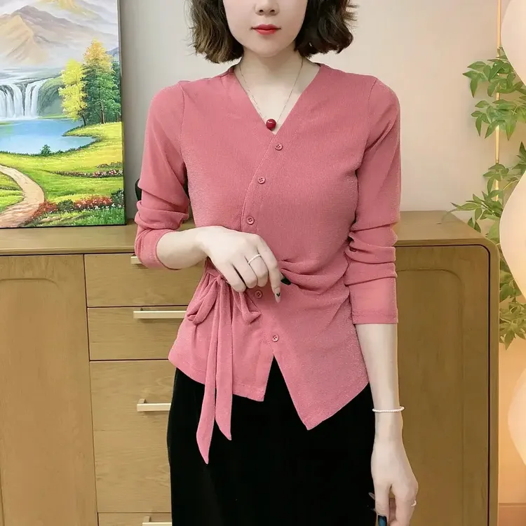 秋季爆款纯色弹力网纱修身光版系带长袖纽扣洋气时尚妈妈装打底衫