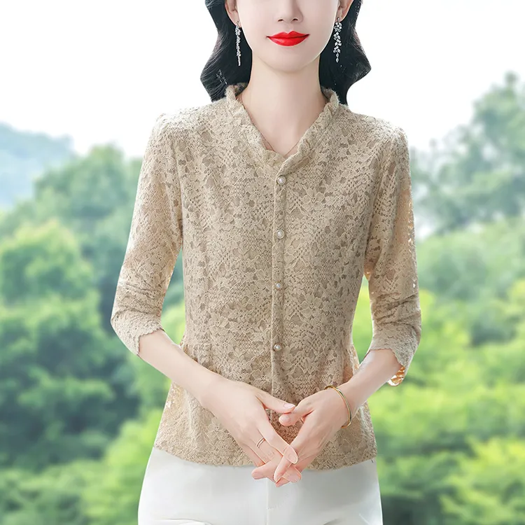 时尚减龄气质长袖衬衫秋冬蕾丝打底衫弹力长袖洋气木耳边修身上衣