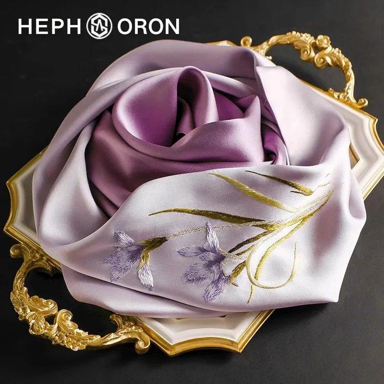 HEPHSORON苏绣丝巾礼盒送妈妈丁香刺绣薄款高级感桑蚕丝真丝围巾