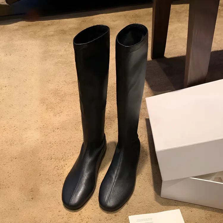 葡萄studiolee 时髦圆头柔软真皮弹力瘦瘦包腿靴百搭中筒靴女秋冬