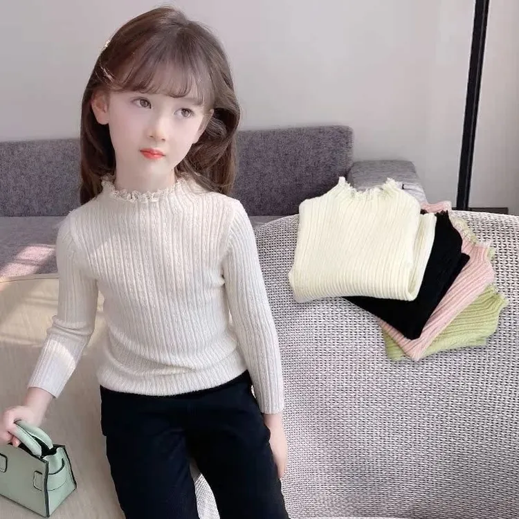 【现货】女童毛衣打底衫新款小女孩洋气蕾丝边秋冬儿童百搭上衣