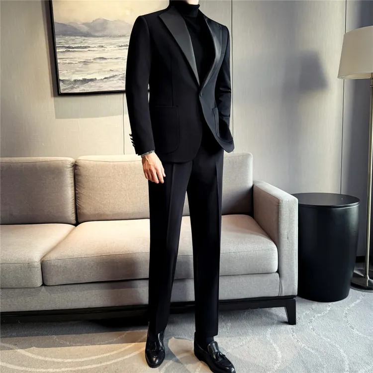 老钱风羊毛混纺立领拼接秋冬休闲西装套装男个性穿搭西服两件套