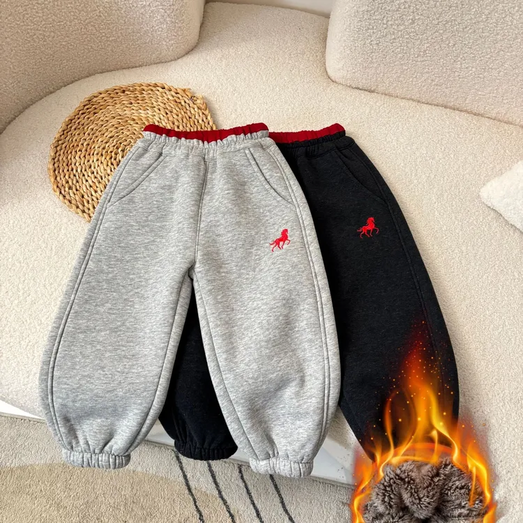 儿童加绒加厚保暖裤2026新款马年刺绣男童冬季一体绒休闲保暖卫裤