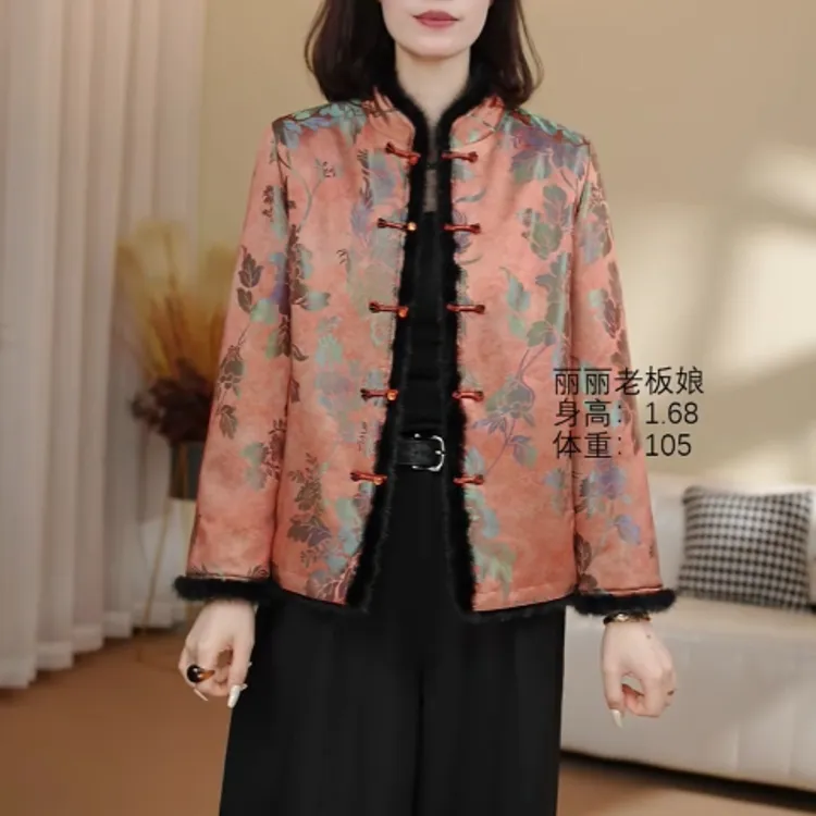 343#2025新款上衣长袖中国风复古立领花纹提花厚款双面穿气质短款