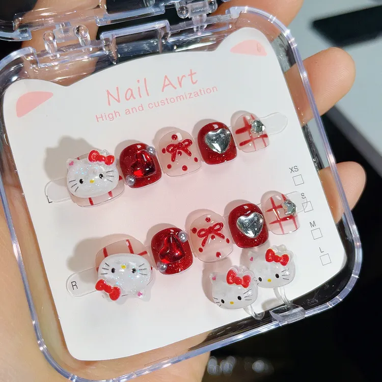 小朋友穿戴甲手工3-12岁女童穿戴甲片凯蒂猫蝴蝶结红色新年甲新款