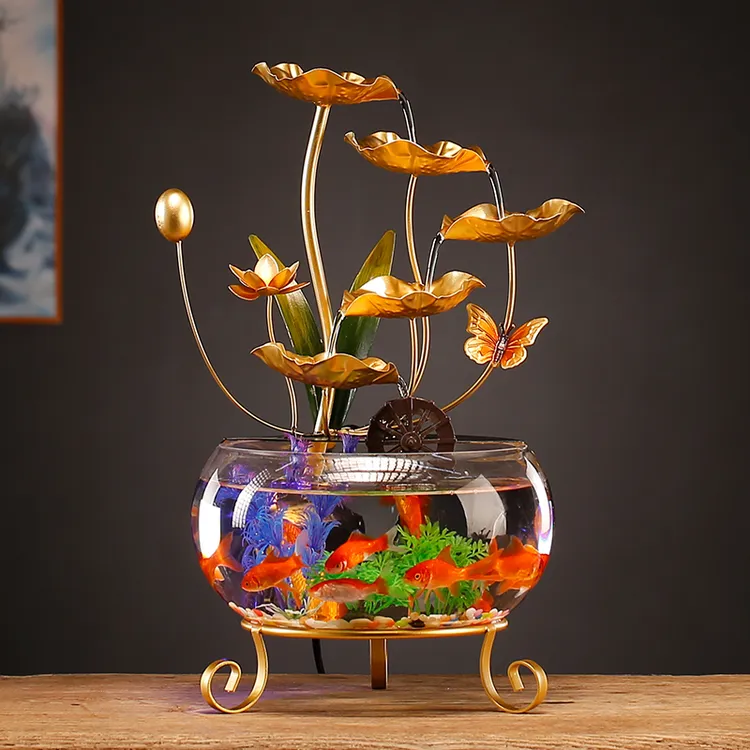 荷塘月色创意现代风简约大号铁艺荷叶循环流水玻璃鱼缸桌面摆件