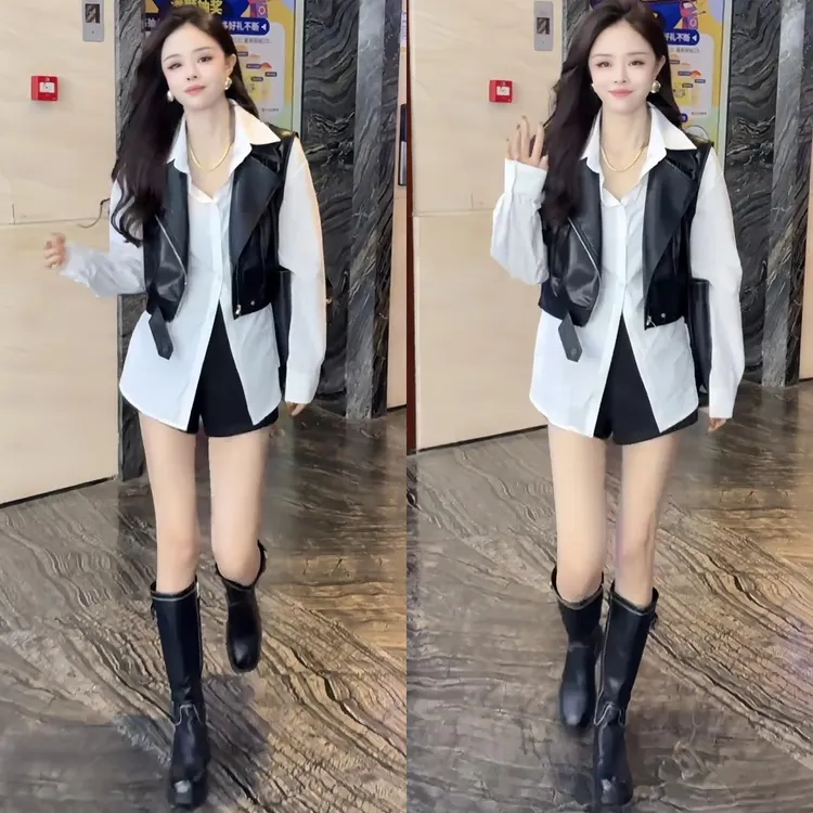 入秋韩系穿搭套装2025秋冬白色衬衫叠穿皮马甲短裤又a又飒三件套