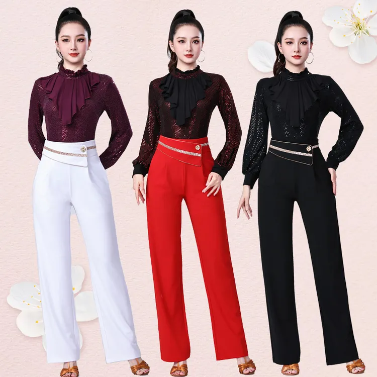 新款高端钉珠高腰直筒舞蹈裤子女时尚百搭跳舞训练演出长裤