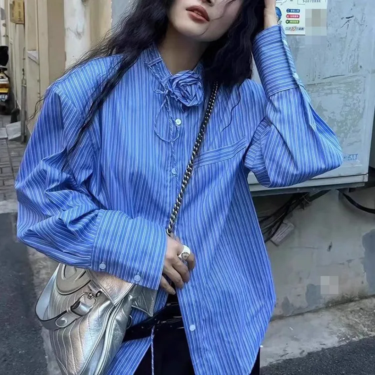 法式长袖立领条纹韩系木耳边衬衫上衣女装韩版小众宽松设计感衬衣