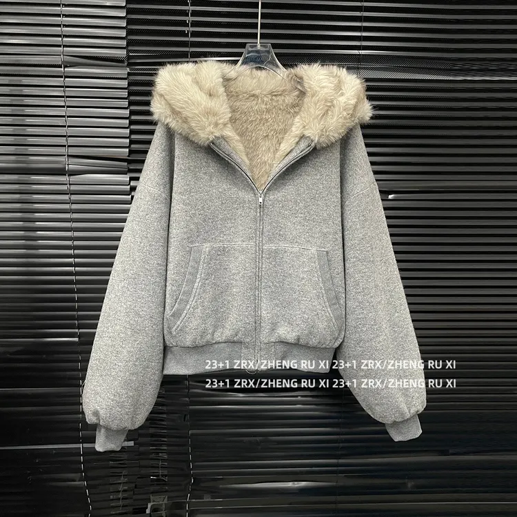 付新博女装针织衫外套女宽松时尚加绒加厚保暖连帽开衫上衣15282