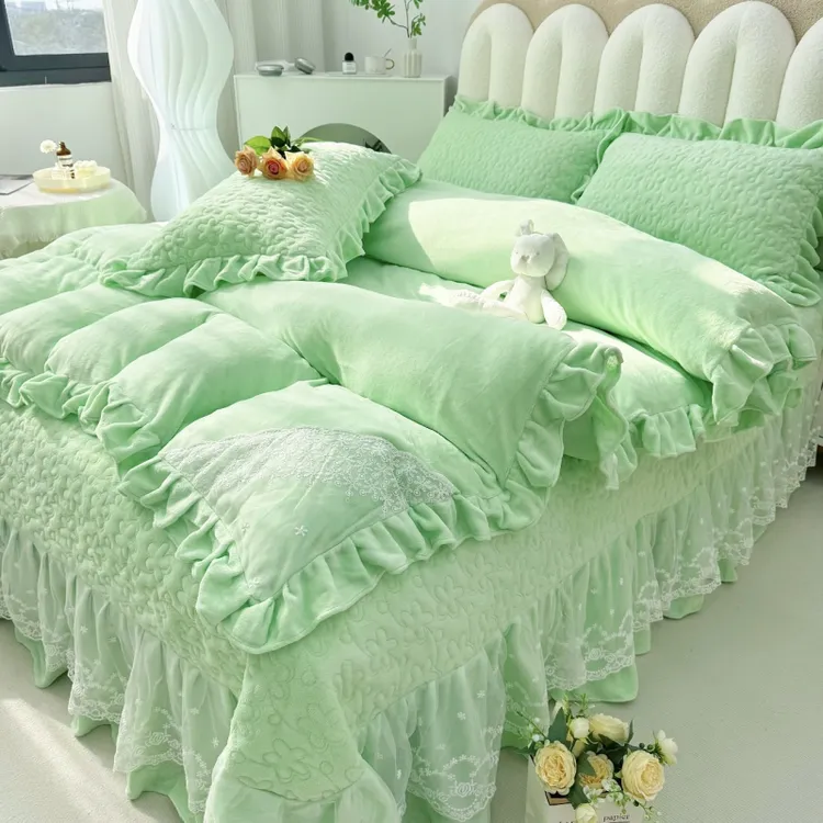加厚牛奶绒床盖四件套公主风床裙款双面法兰珊瑚绒床单冬季天