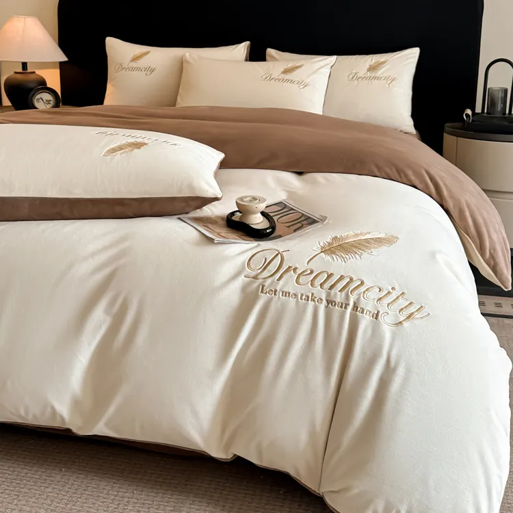 水星家纺新款牛奶绒刺绣水晶绒四件套宝宝绒纯色轻奢简约联名优品