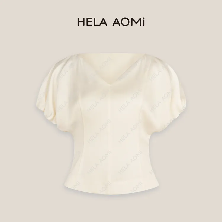 HELA AOMI“花苞袖天鹅颈”醋纤设计感V领显瘦收腰T恤CY5BB11623